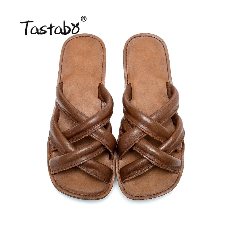 

2022 New Concise Square Low Heels Slippers Genuine Leather Simple Women Slippers Ladies Summer Dress Shoes 903