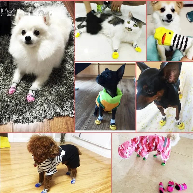 Pet Shoes Dog Socks 4Pcs Cute Pet Dog Socks with Print Anti-Slip Cats Puppy Shoes Paw Protector Products for Small Breeds Spitz York Dogs Chihuahua