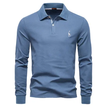 2025 Polo autunnale da uomo ricamo manica lunga in cotone misto ricco polo traspirante tinta unita polo da golf da uomo