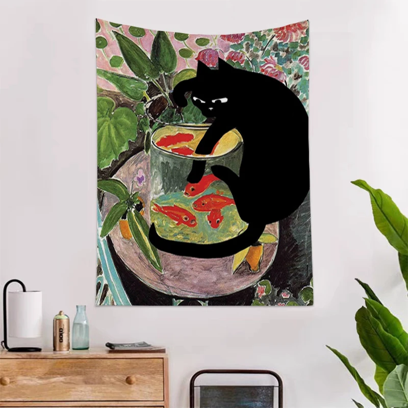

Cat And Goldfish Tapestry Wall Hanging Plant Flower Retro OilPicture Cloth Room Decoration Aesthetic Boho Wall Decor Tapestries