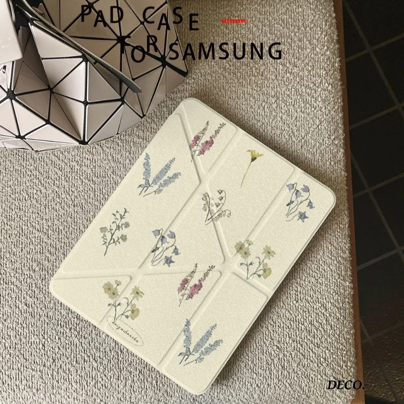 Ins Fresh Flower Tablet Case with Pen Slot and Multi-Fold Design
