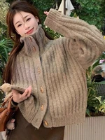 2025 Korean Style Vintage Turtleneck Sweater Cardigan Jacket Winter Women's Elegant Loose Thickened Knitted Top Solid Knitwear