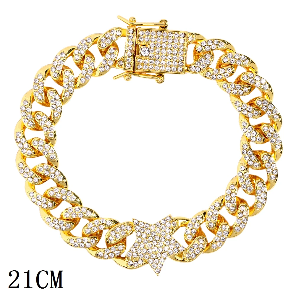 New Fashion Luxury 12mm Iced Out Cuban Link Chain Bracelet for Women Men Gold Silver Color Bling Rhinestone Bracelet Jewelry 