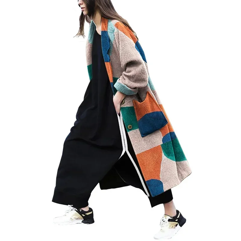 Women Color Match Casual Loose Fashion Long Windbreaker Coats Warm Lapel Stitching Printing Long Sleeve Coat Women Jacket Trench