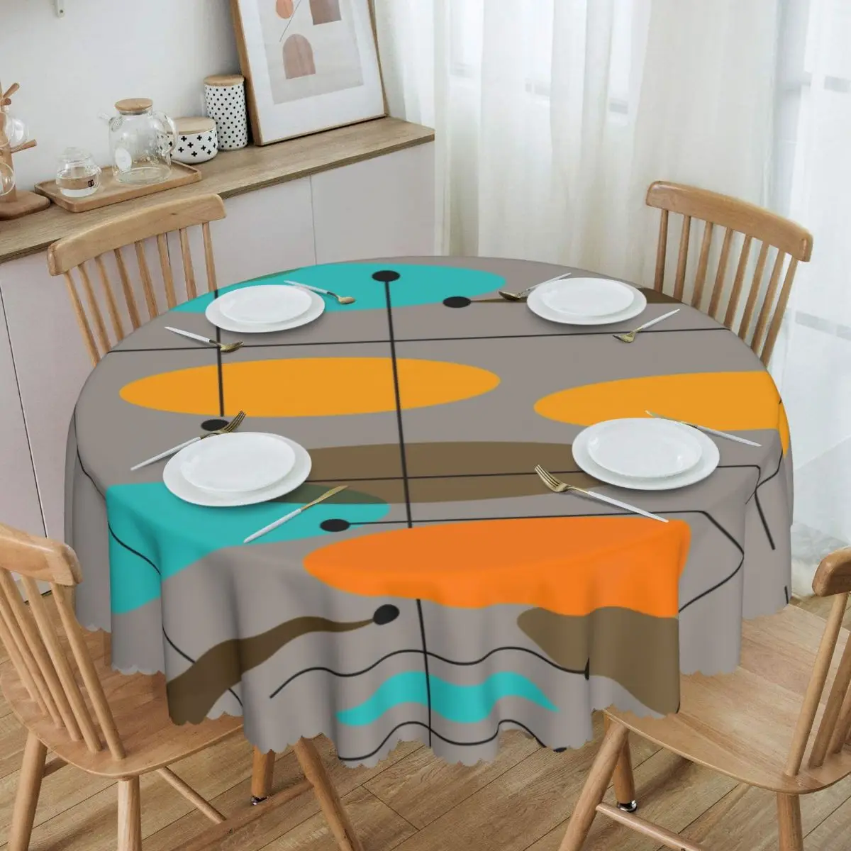 

Round Mid Century Modern Geometric Abstract Art Tablecloth Waterproof Oil-Proof Table Covers 60 inch Table Cloth