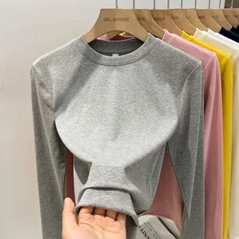 المرأة ربيع الخريف مكتب الأساسية س الرقبة سليم تي شيرت الصلبة تنوعا الاتجاه عادية كم طويل تيز الكورية طبقة قاعدة بسيطة