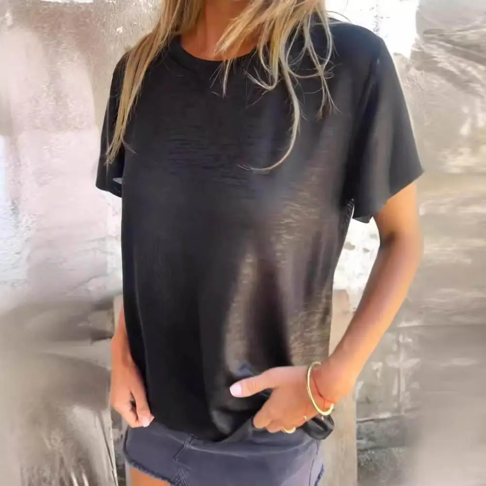 

Women Summer Casual T-shirt O-neck Short Sleeve Pullover Tops Bright Color Loose Fit Stretchy Tee Shirt Streetwear