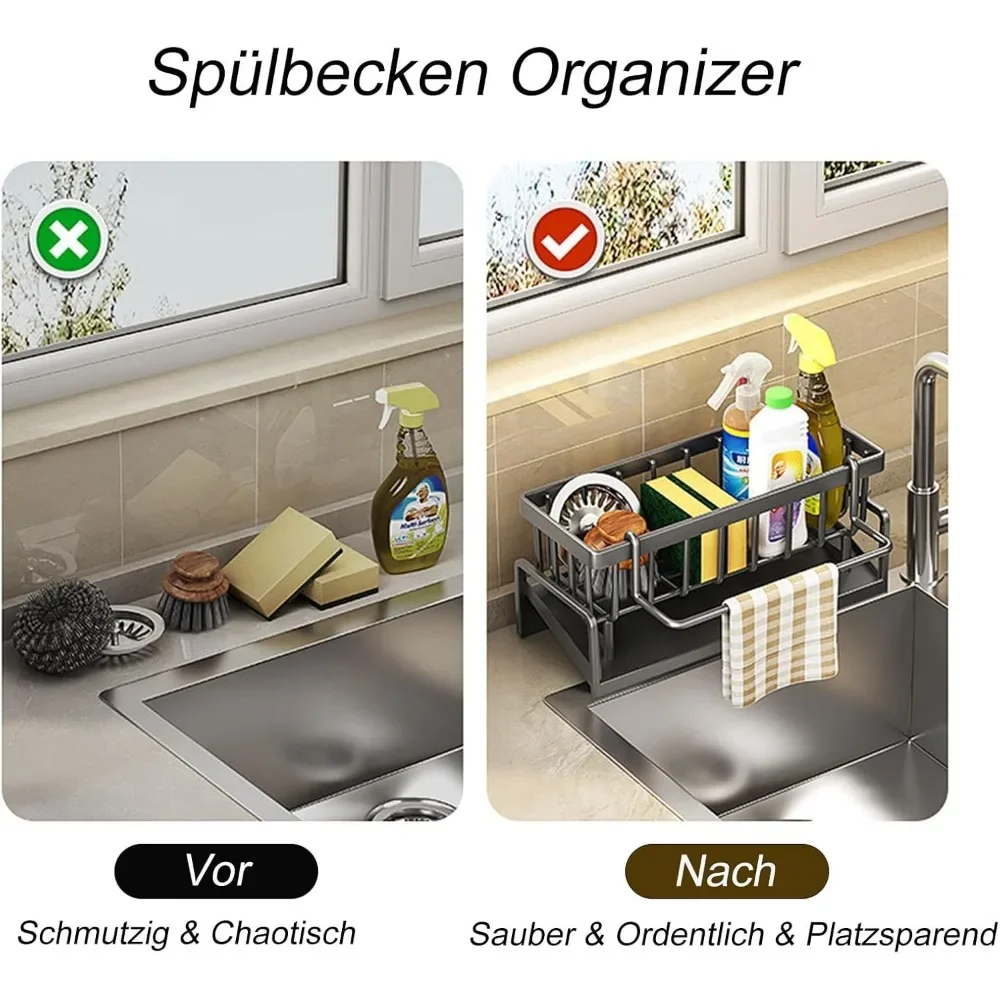 Kitchen sink organizer drain rack carbon steel self-draining sink shelf sponge holder soap dishcloth towel rack filter basket