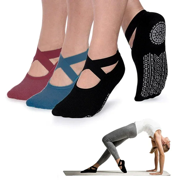 

1Pair Anti-slip Grips Cross Straps Cotton Sports Socks Ballet Yoga Socks For Women Pilates Fitness Gym Dance Socks