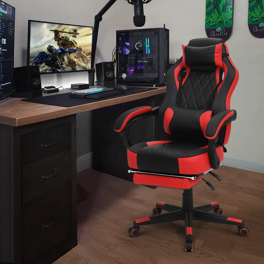 Ergonomic Gaming Chair with Retractable Footrest & Detachable Lumbar Support 360 Degree Swivel Racing Style PU Leather