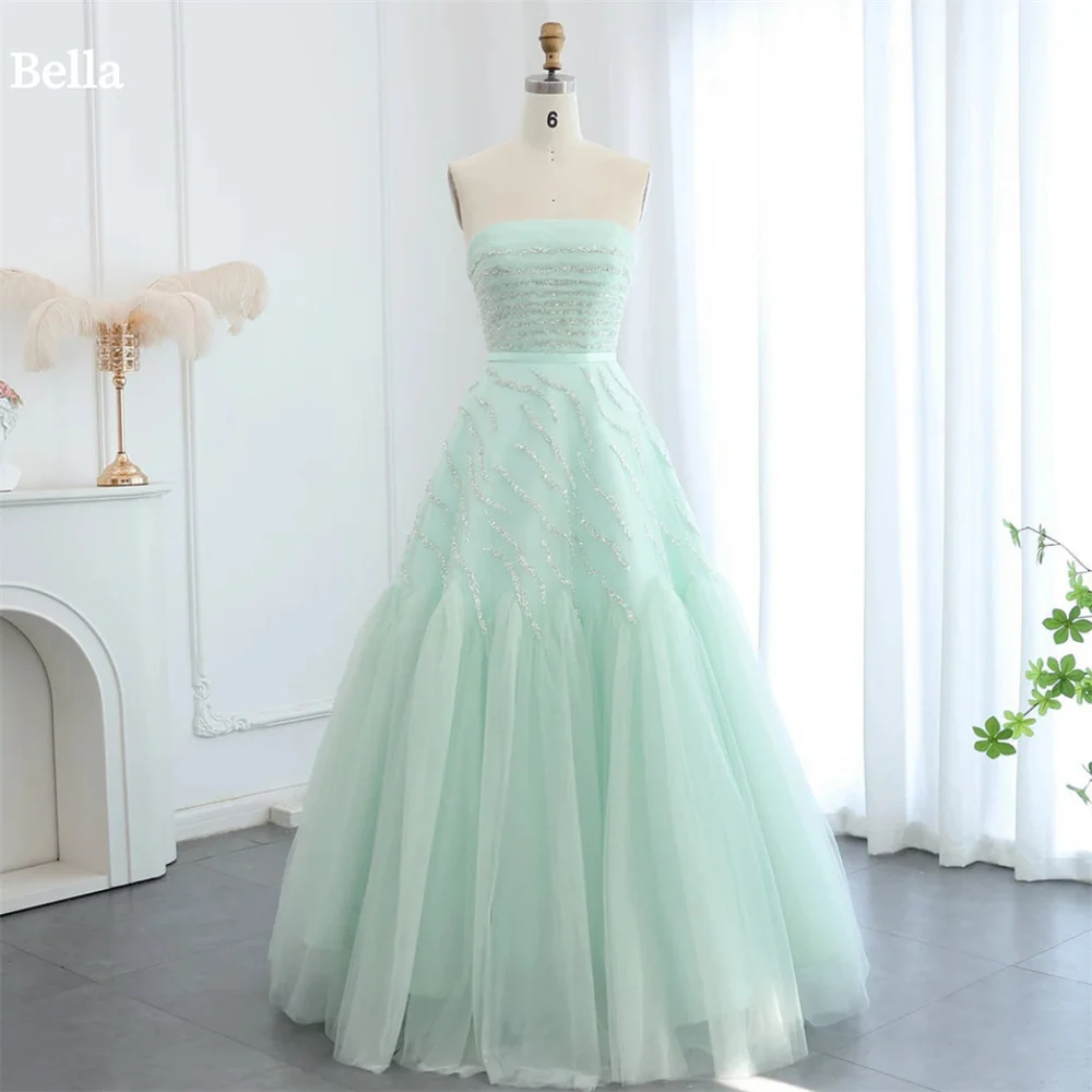 Bella Customized Glitter Strapless robes de soirée A-Line Draped Evening  Dresses Floor-Length Cocktail Party Wedding Dress