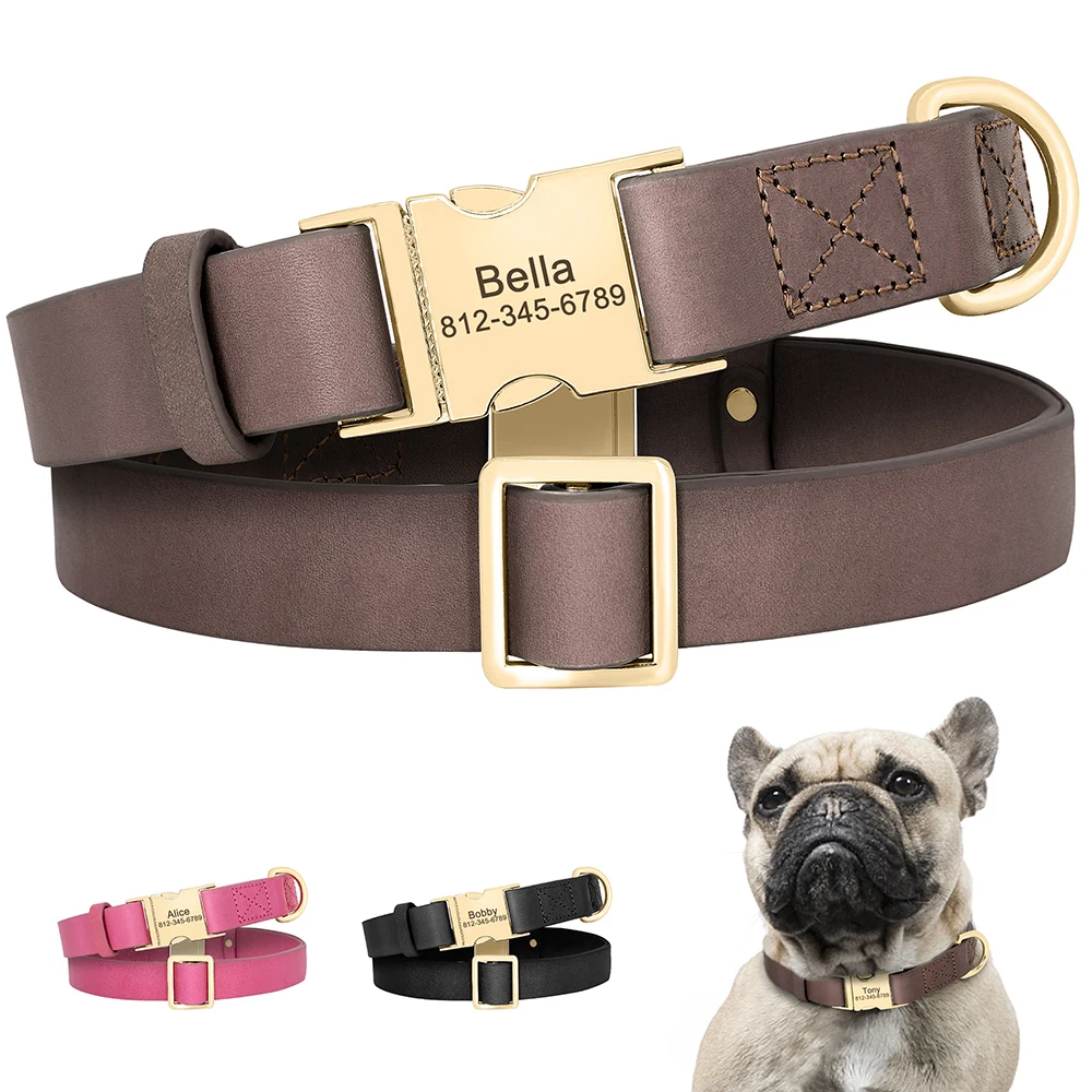 Personalized Dog Collar Free Engraved Dog Leather Collars Customized Pet Buckle Collar For Small Medium Large Dogs Bulldog Pug