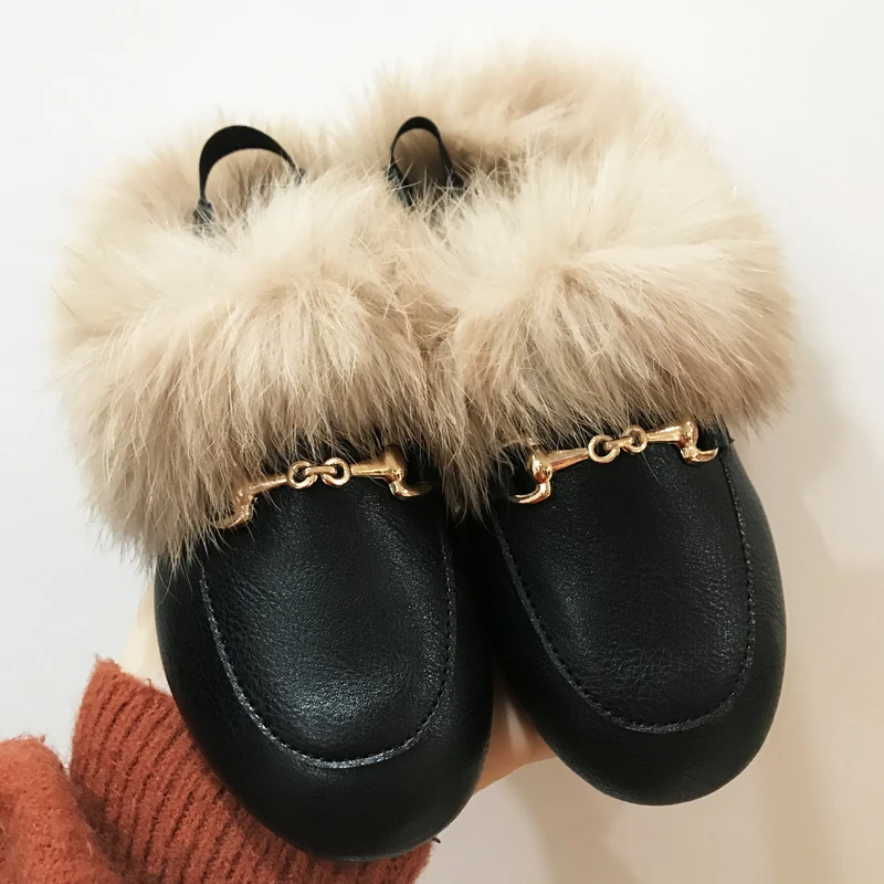 Winter Kids Fur Princess Shoes Baby Girls Brand Leather Slides Children Slip On Slippers Toddler Fashion Dress Flats Boys Shoes