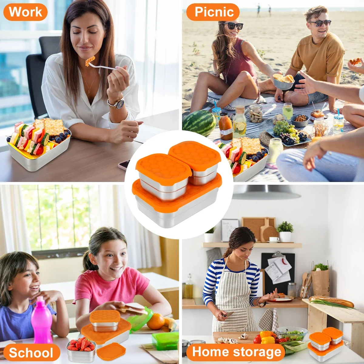 Stainlesss Steel Picnic Box Leak Proof Lunch Box Lid Bento Food Storage Containers Portable Food Container 3/6Pcs kitchen storage box,food storage container,food storage box