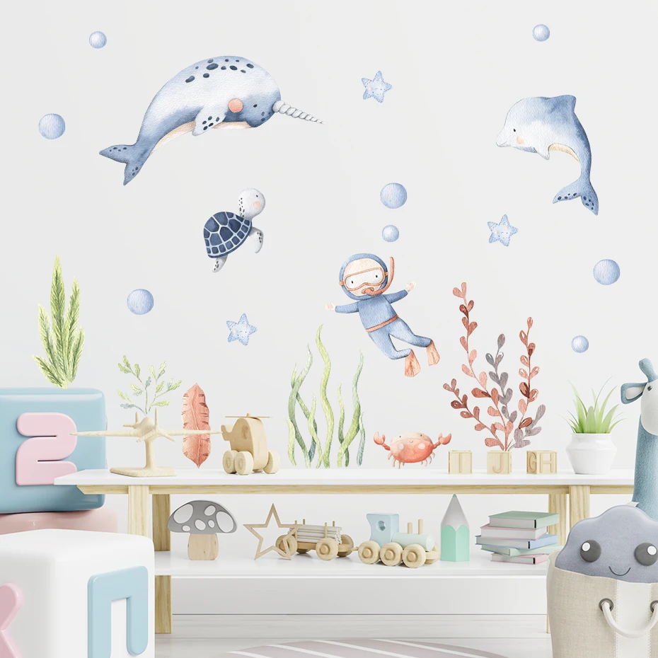 Wall Stickers Cartoon Cute Ocean Animal Watercolor Nursery Stickers Removable Wall Decals Art Print Kids Boys Room Interior Home Decor
