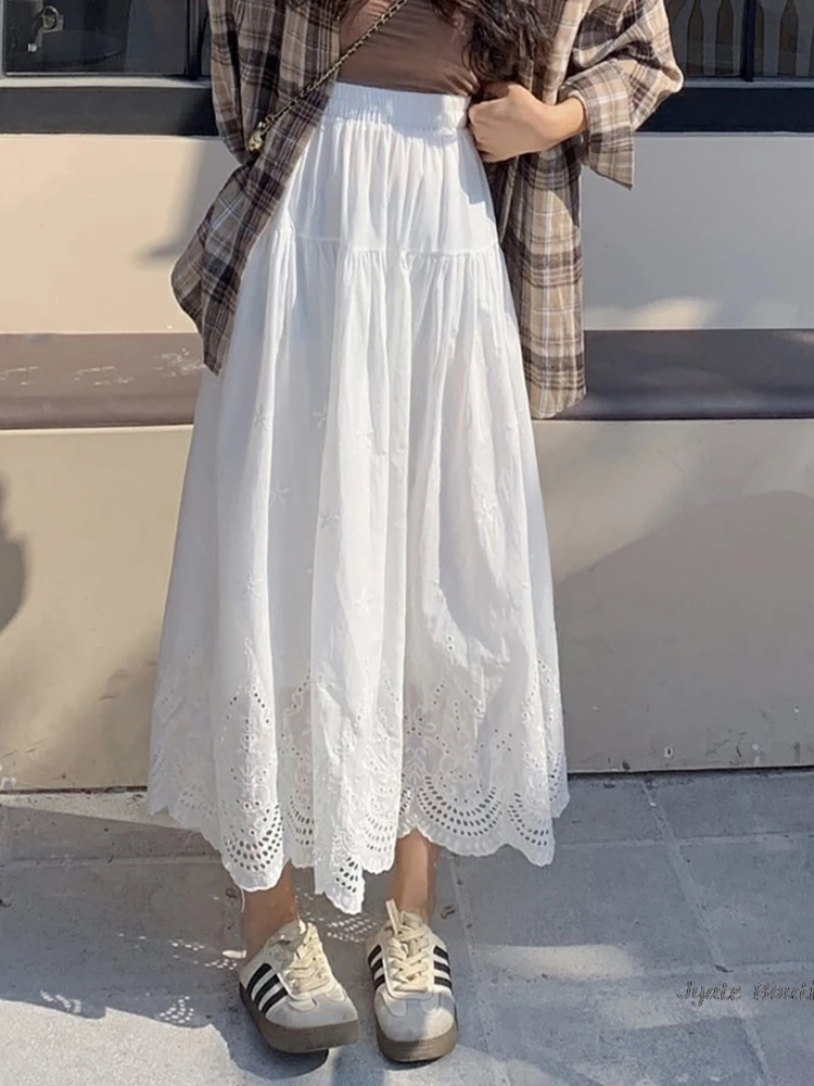 Embroidered Hollow Lace Spliced White Long Skirt 2025 Spring Embroidered Hollow Lace Spliced White Long Skirt 2025 Spring
