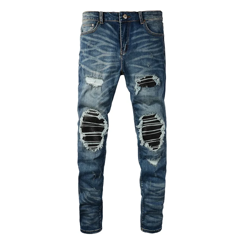 

Men's Blue Distressed Moustache EU Drip Ribs Patches Jeans Italian Drip Damaged Holes Slim Fit Stretch Ripped Jeans