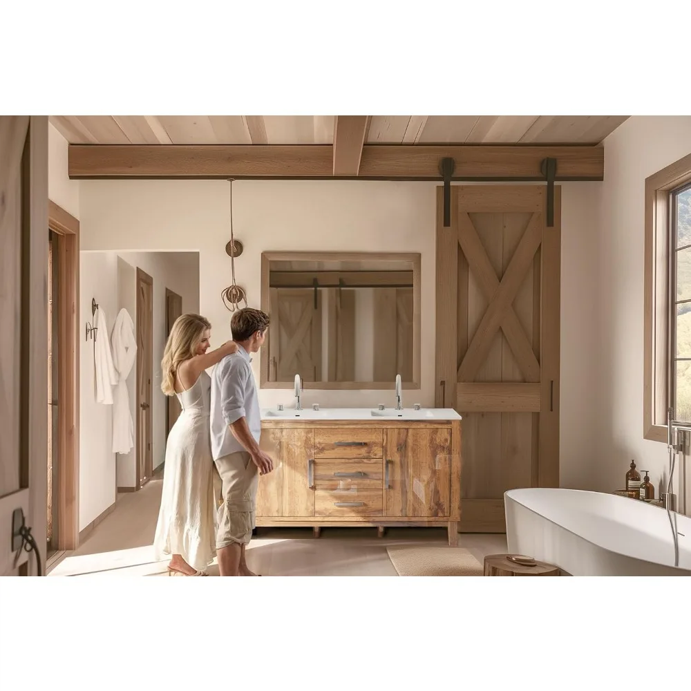 60" Double Bathroom Vanity with Sink, High Gloss Woodgrain Cabinet with 3 Hole Sink & & Drawers, Vanity with 2 Soft Close Doors 3