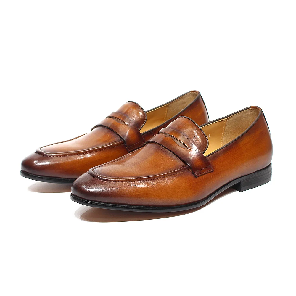 Spring Autumn Mens Penny Loafers Genuine Leather Hand Painted Slip On Dress Shoes Size 6-13 Wedding Casual Business