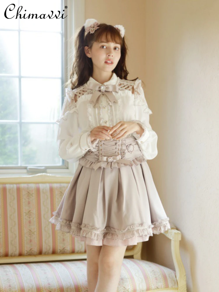 Sweet Cute Bow Japanese Style Detachable Suspender Skirt Lolita Slim Fit Suspender Skirt 2023 Spring and Autumn Suspender Skirts japanese super soft detachable bow scarf for women autumn winter new lolita kawaii sweet girls plaid scarf female three colors