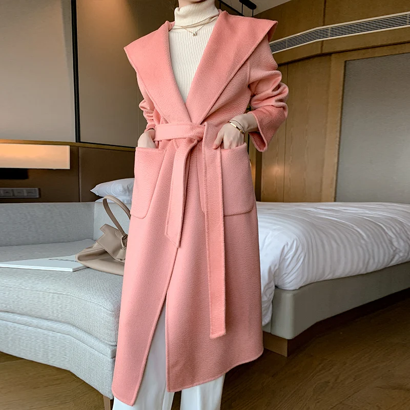 High-end Handmade Long Water Ripple Wool Coat Women Luxury Wool Double-sided Turrn-down Collar Loose Belt Jacket Autumn Winter
