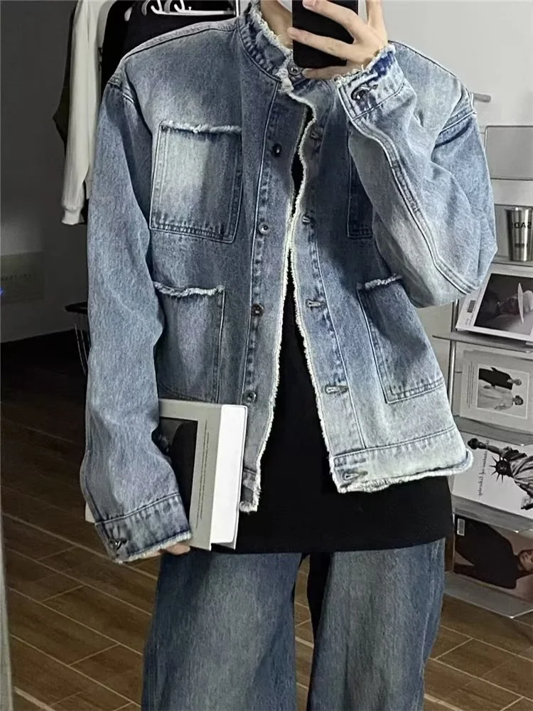 Niche Washed Raw Edge Denim Jacket Men's Gradient Color Trendy Retro Short Loose Coats Youth American Broad Shoulder Streetwear
