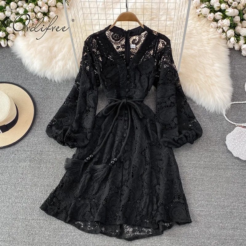 

Ordifree 2022 Summer Women Mini Dress Long Sleeve Hollow Out Black Elegant Fashion Vintage Short Lace Dress