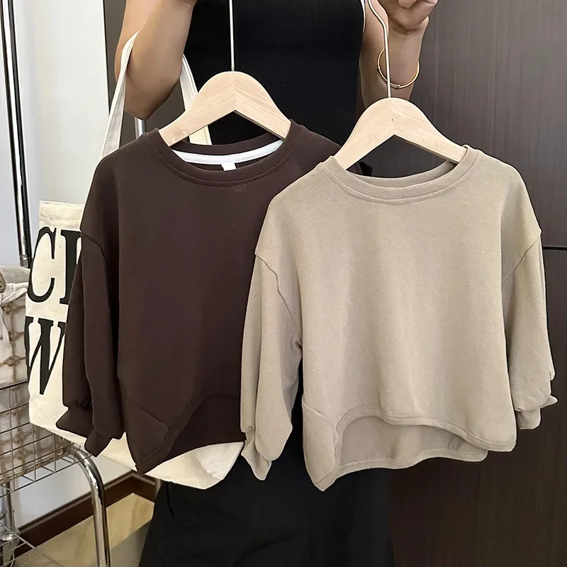 

Футболка с длинным рукавом для мальчиков, однотонные топы на весну и осень, Детский свитшот для маленьких девочек, пуловер, одежда, хлопковая толстовка