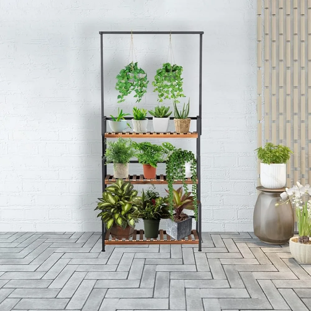 ULIKE Plant Stand Outdoor Indoor Hanging Plant Shelf for Multiple Plants 3 Tier Tall Stand Wood Rack with Metal Frame for