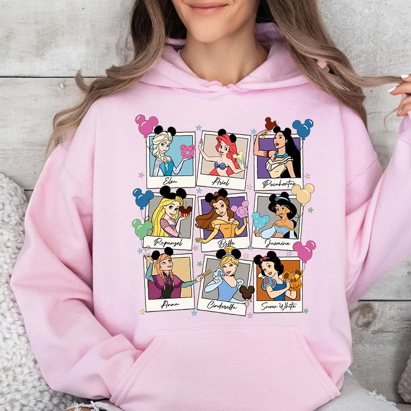 Disney Princess Cinderella Elsa Little Mermaid Ariel Snow White Print Women's Hoodie Casual Sweater Loose Top 3