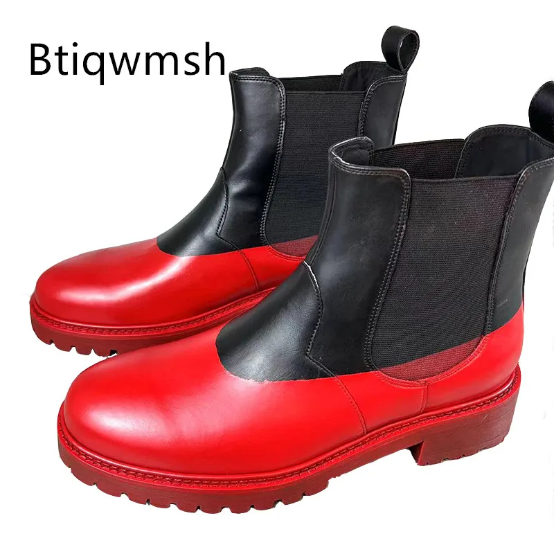 

Black Red Ankle Boots Man Round Toe Real Cow Leather Flats For Men Fashion Casual Shoes