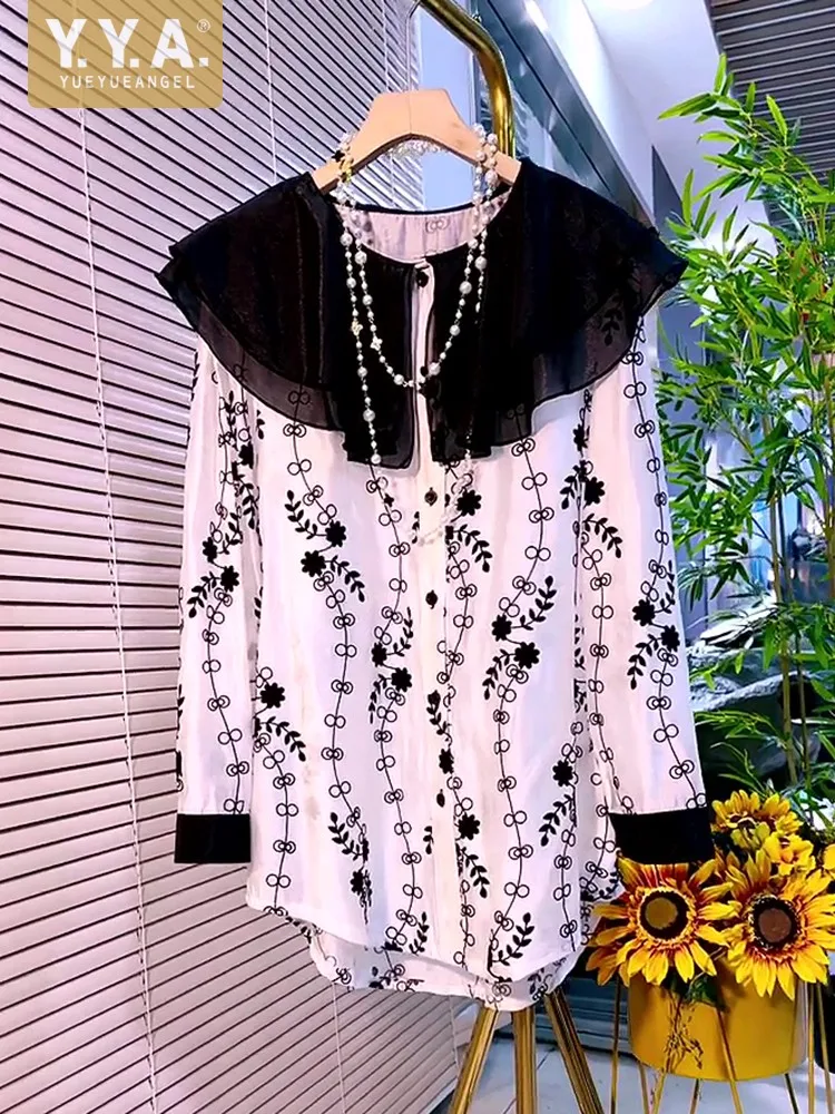 

Spring New Kawaii Ruffles Collar Women Long Sleeve Floral Embroidery Shirts Loose Fit Casual Chiffon Blouse Tops Oversized Shirt