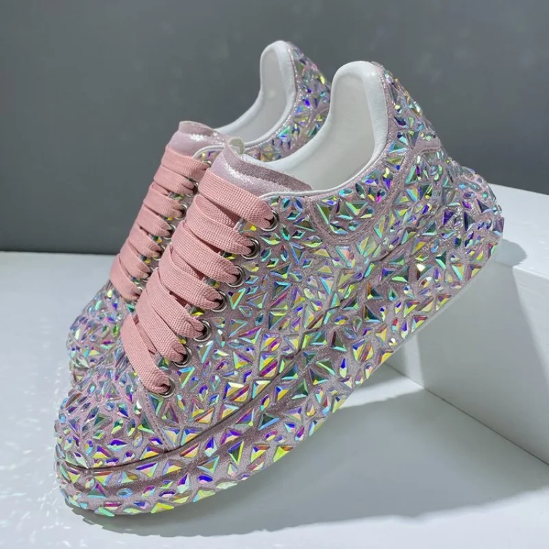 2022 Autumn Spring Leather Women Shoes New Style Fashion Platform Shoes Ins Platforms Sneakers Tide Shine Bling Rhinestone Shoes
