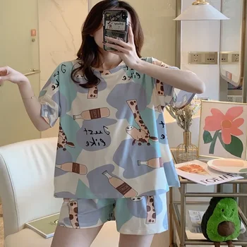 Summer Sleepwear Set Women Casual Short Sleeve Shorts Home Clothes Comfortable plus Size Cute Design Thin Material from China