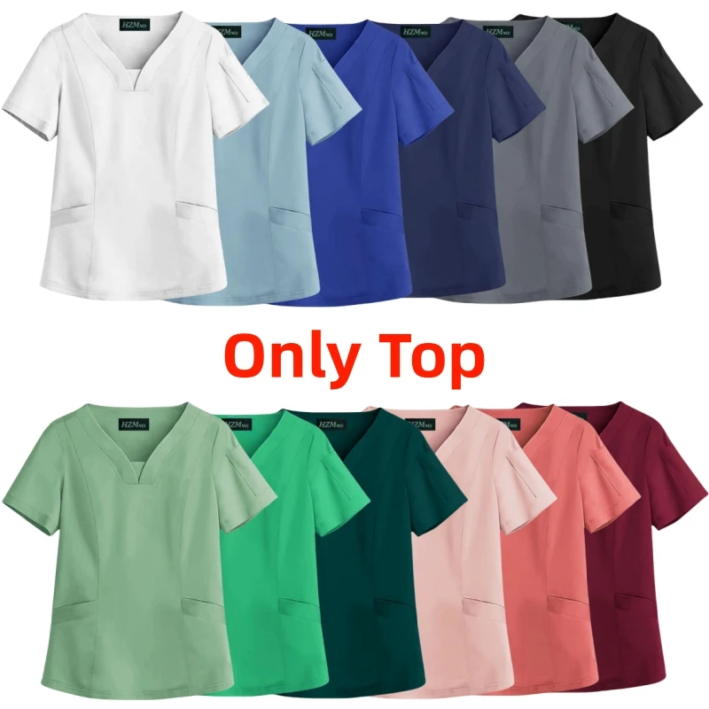 

V-neck Scrub Top for Women Joggers Nurse Uniforms Women Solid Color Scrub Tops Pet Hospital Uniform Top Surgical Gown Pocket