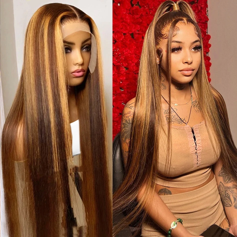 

Straight Highlight Wigs Human Hair 13x4 Lace Front Wig Bone Colored Ombre 13x6 Transparent 180% Lace Frontal Wig For Women