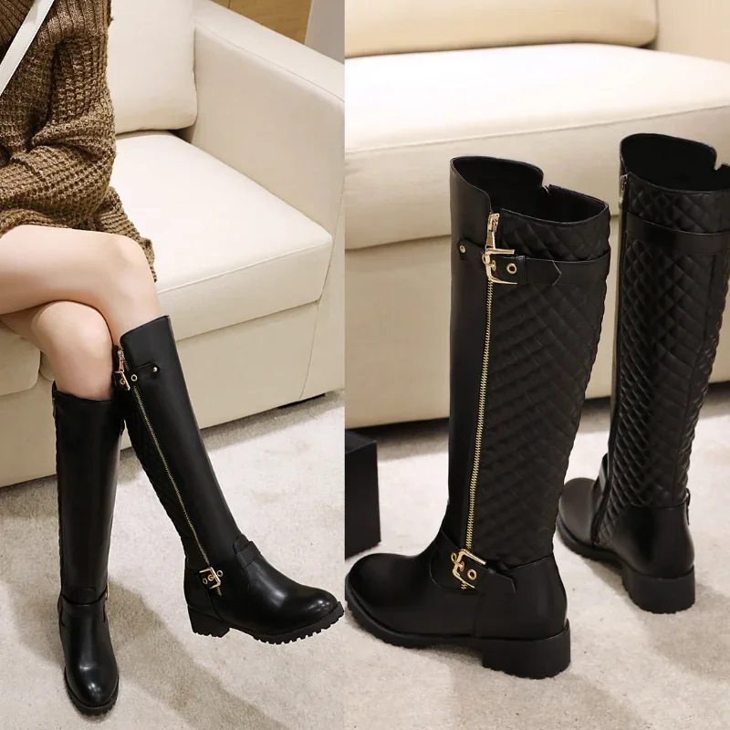 Autumn Winter Women's Long Plus Size 22-27 Cm Grid Splicing Side Zip Fashion Knee High Boots women knee boots
