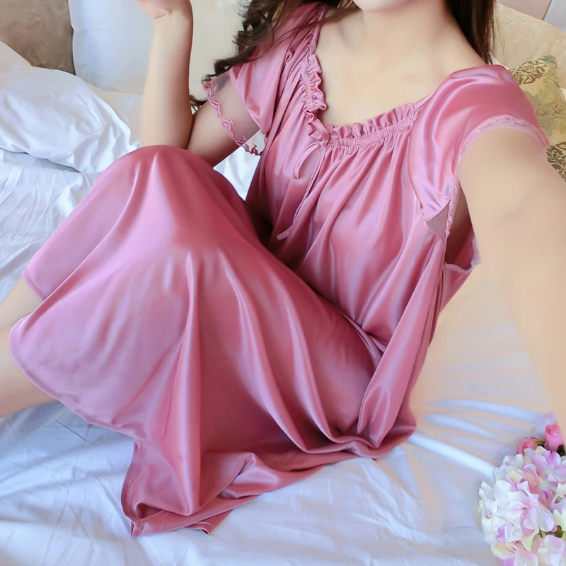 Women Night Gowns Sleepwear Lace Patchwork Nightwear Long Sleeping Dress Casual Ladies Home Dressing