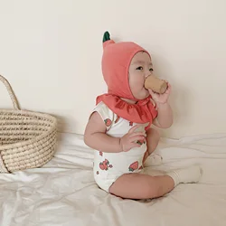 22160 Newborn Clothes 2024 Summer Korean Fashion Baby Girl's One Piece Clothes Ins Cute Strawberry Printed Bodysuit with Hat