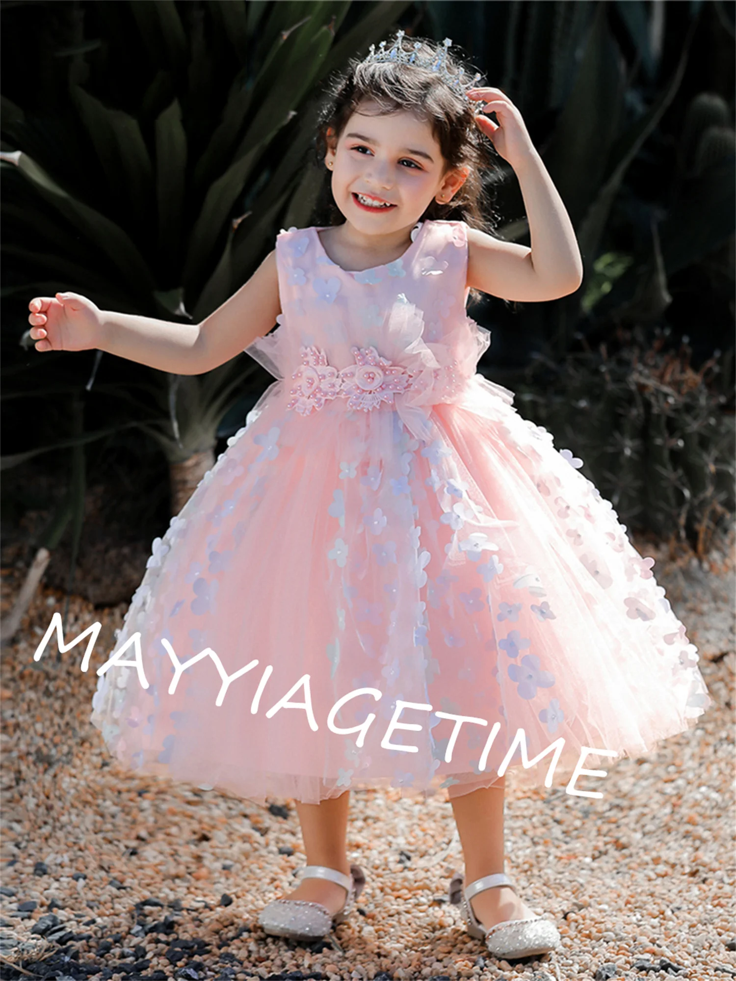 

White Flower Girl Dress for Wedding Satin Kids Girl Dress Appliques Birthday Evening Party Baby Girls Pageant Dress