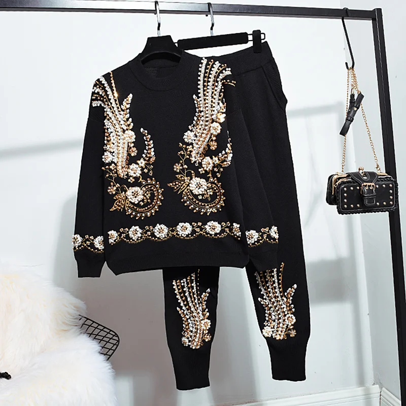 

Black Gray Knitted Tracksuits Women Set Loose Beading Embroidery Flowers Pullover Sweater Pencil Pants 2pc Knit Outfits Female