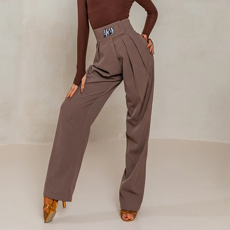 Brown Latin Dance Pants Women High Waist Wide Leg Trousers Ballroom