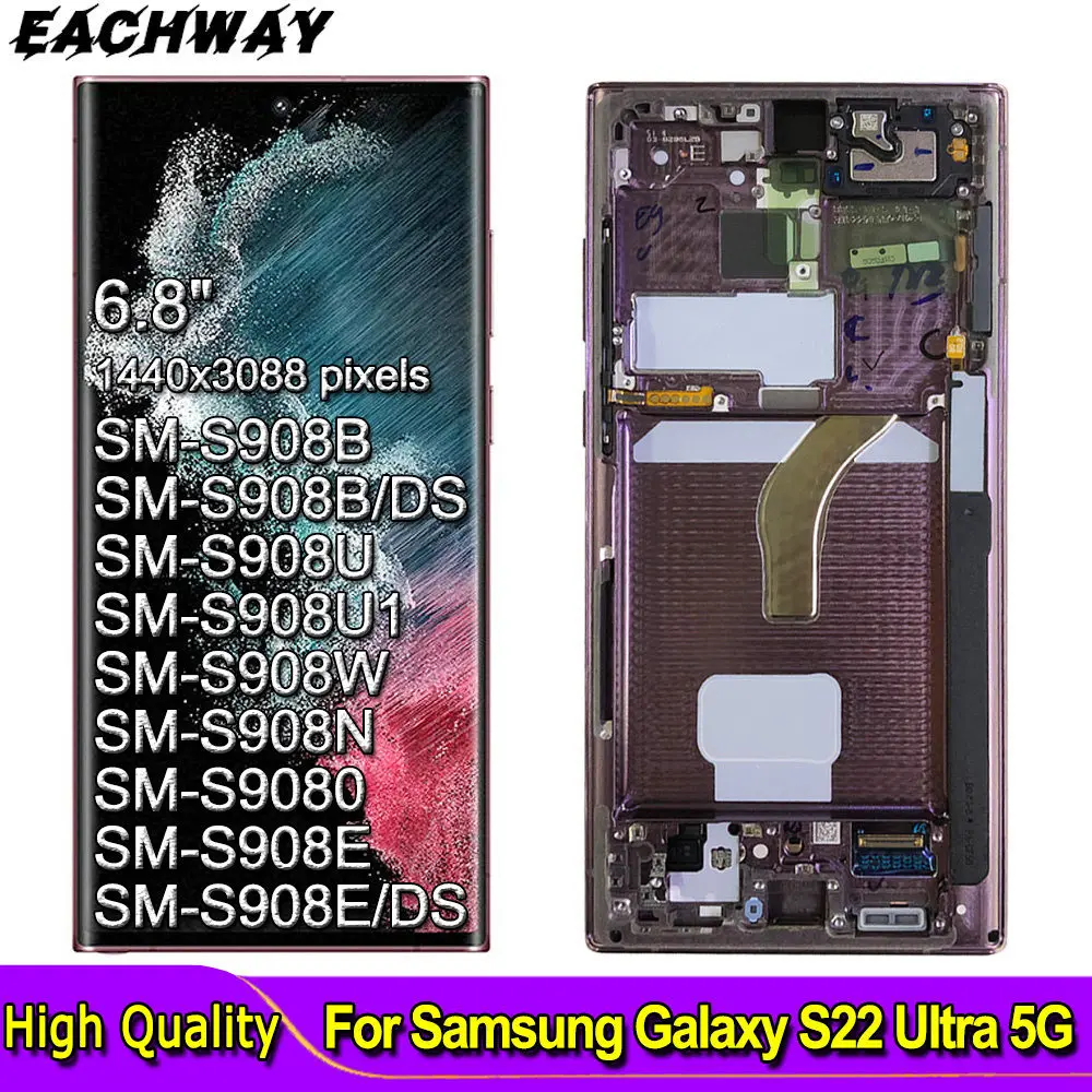 

ЖК-дисплей AMOLED для Samsung Galaxy S22, сменный сенсорный экран с дигитайзером в сборе, для Samsung S22 Ultra S908B