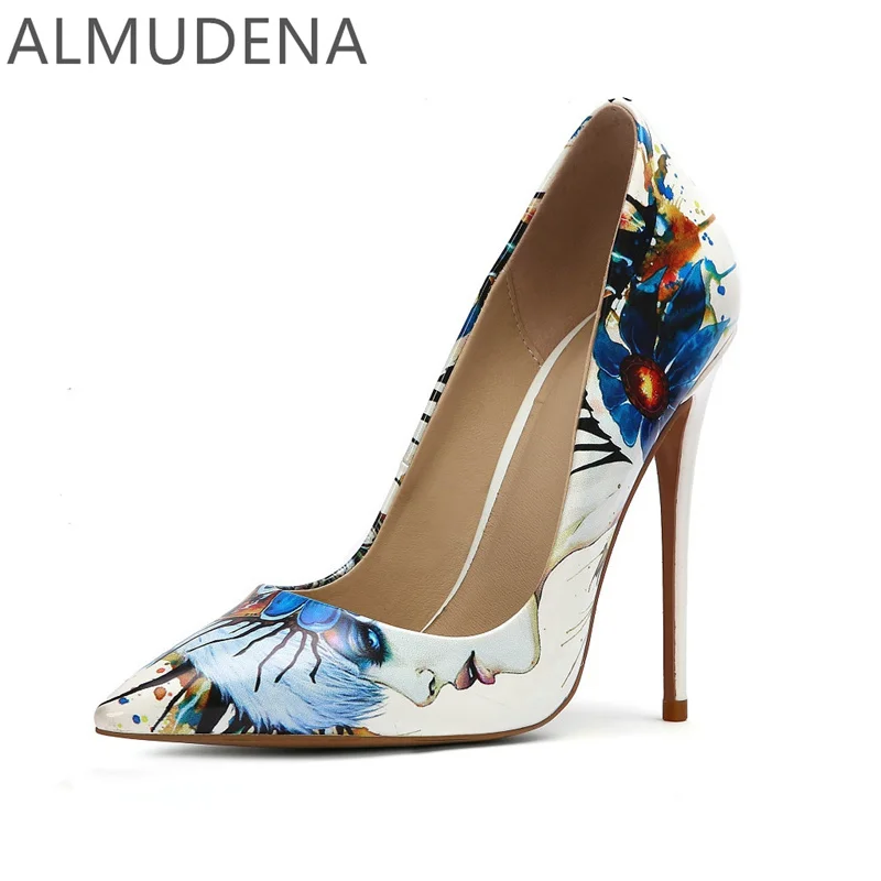 

Mixed Colors Graffiti Pointed Toe Thin Heel Women Pumps Slip On Super High Heel Sexy Show Dance Shoes Mature Party Dress Pumps