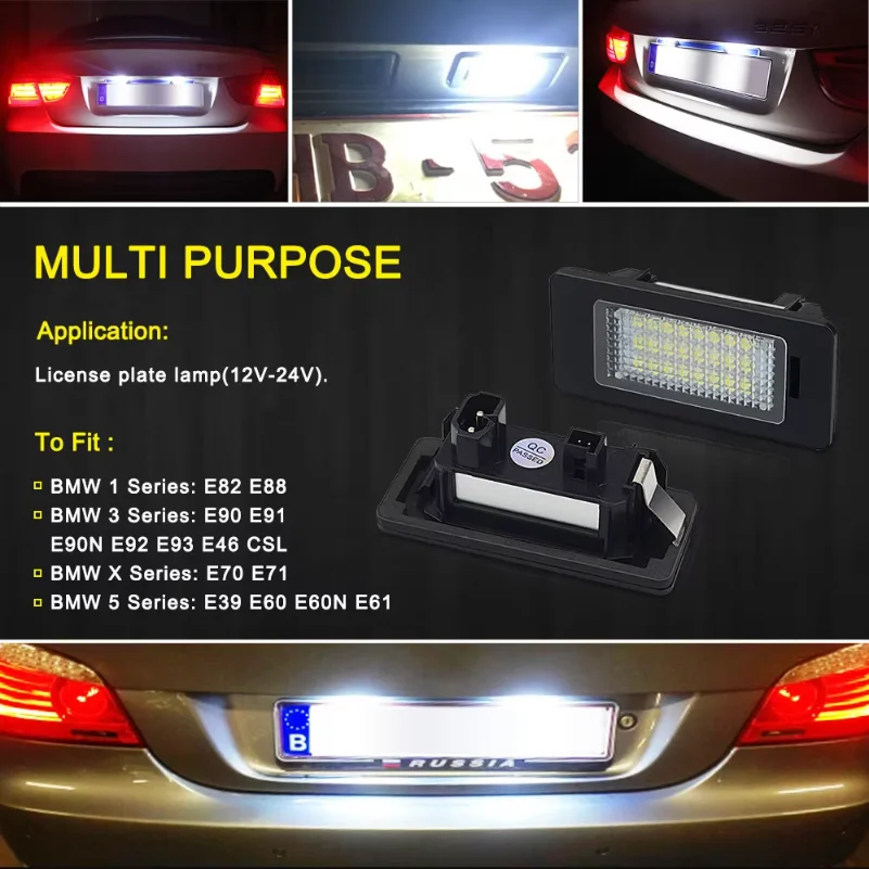 BMW E39 E60 M5 E70 X5 E90 E92 E93 M3 E91 E61 투어링 E71 E72 X6 용 2개 캔버스 LED 번호판등 액세서리 LED 자동차 램프
