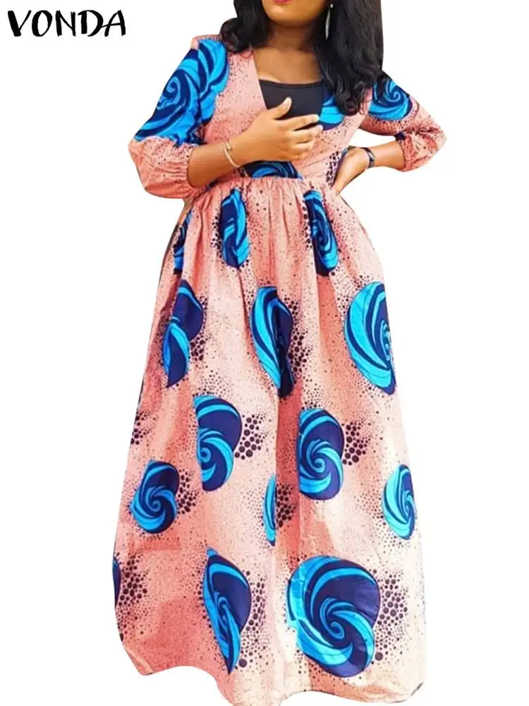 

VONDA 2024 Summer Maxi Long Dress Women Bohemian Sundress Sexy V Neck Printed Vestidos 3/4 Sleeve Casual Party Robe