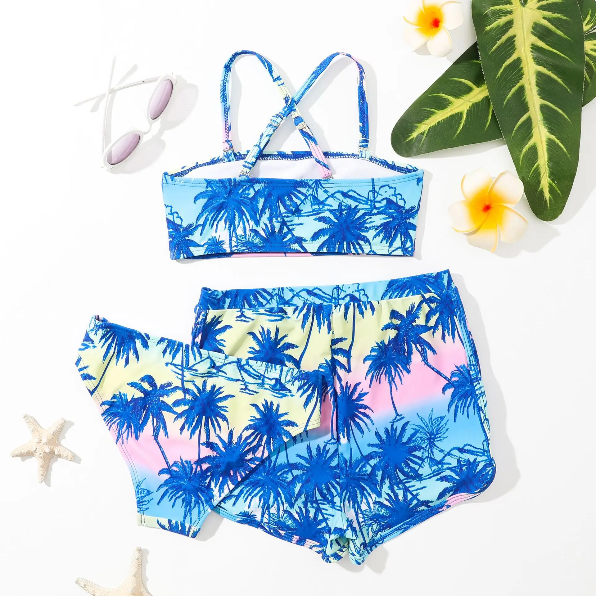 Girls 3pack Coconut Palm Print Bikini Sets with Shorts Trunks Kids Swimsuit 7-12 Years Children's Swimwear Bathing Suit