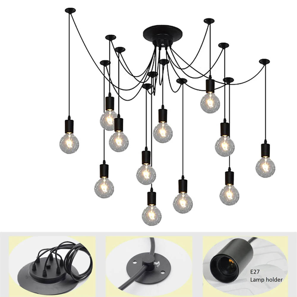 Vintage Retro Industrial Pendant Lamps Black Spider Chandelier E27 Edison bulb DIY Ceiling Light Hanging Lamp adjustable wire