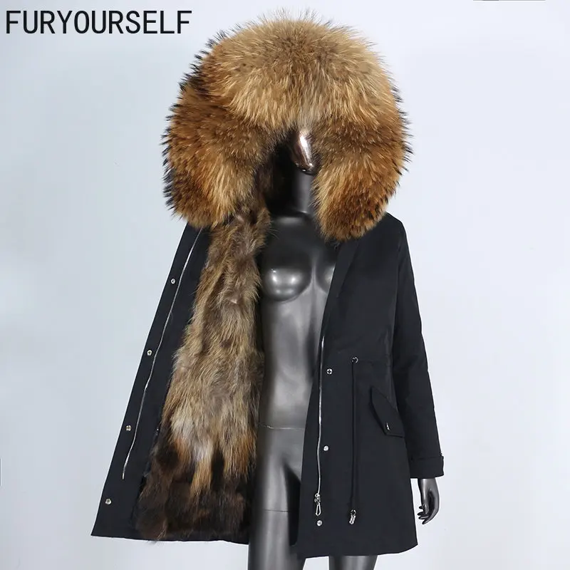 

FURYOURSELF 2023 New Real Fur Coat Winter Jacket Women Long Parka Waterproof Natural Fox Fur Collar Hood Thick Raccoon Fur Liner