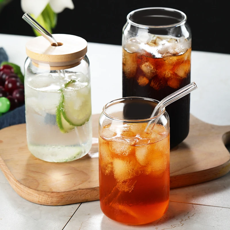 Glass Cup With Straw and Bamboo Lid Transparent Bubble Tea Cup Cold  Drinking Glasses Iced Coffee Mug Beer Can Juice Milk Cup - AliExpress